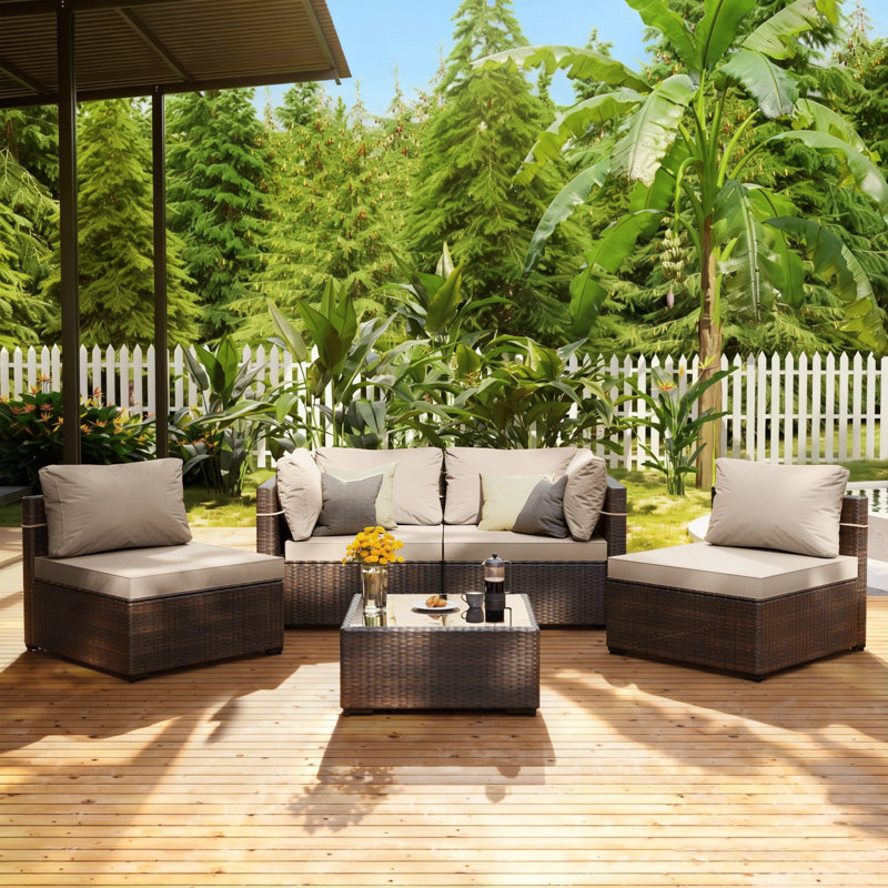 5-piece wicker patio conversation sets with cushions, Beige, 5 Pcs, Brown