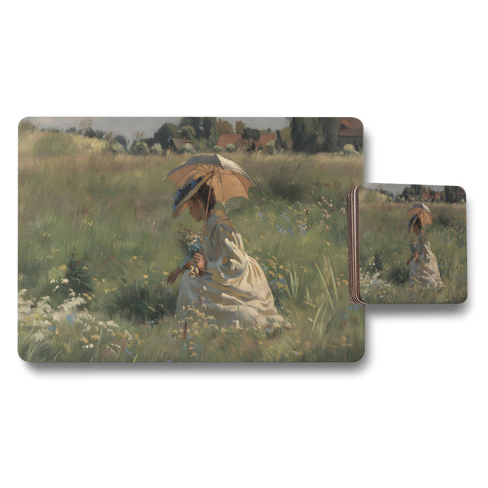 Impressionist Field Girl With Umbrella Placemat And Coaster Set