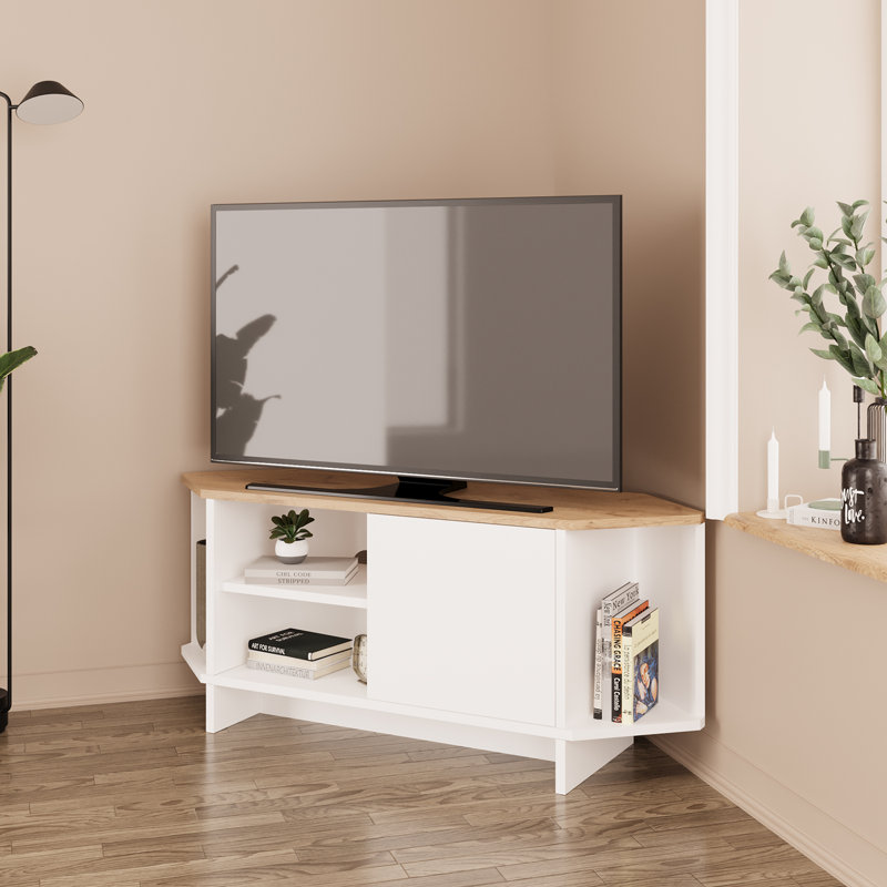 Teo Corner TV Stand – Space-Saving TV Unit for 43–48'' TVs, Compact Media Console with Open Shelves & Cabinet, Ready to Assemble, Available in 7 Colours