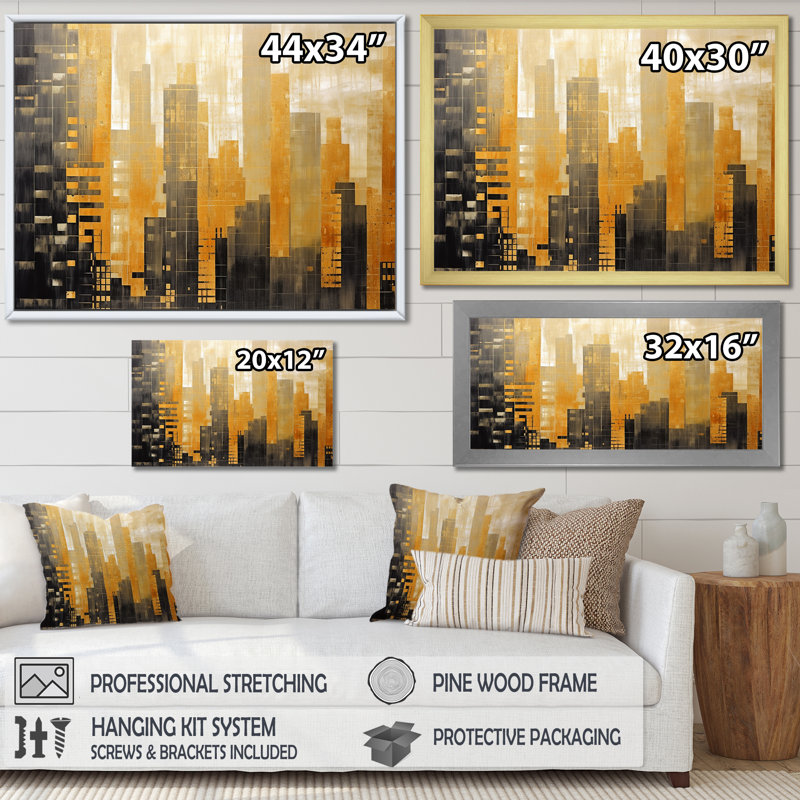 Grille dorée gratte-ciel Skyline III - gratte-ciel art mural salon, Cadre flottant noir, H 16 po x l 32 po