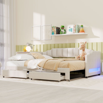 Extendable Twin XL to King Upholstered Daybed with LED Light and 2 Storage Drawers, Trundle Guest Bed Frame by Brayden Studio