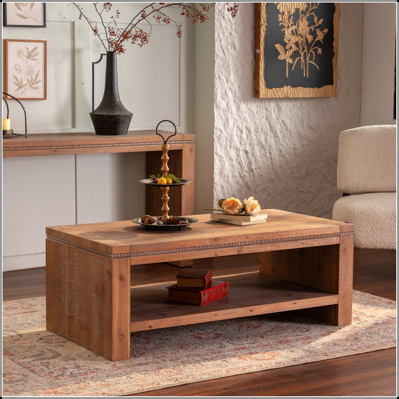 Table basse rectangulaire en bois massif avec tablette de rangement à 2 niveaux pour le salon, conception rustique, facile à assembler et à entretenir