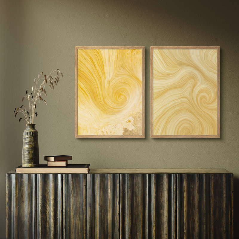 «Yellow Swirl», ensemble de 2 reproductions d'art murales abstraites encadrées pour le salon ou le bureau, H 14 po x l 22 po