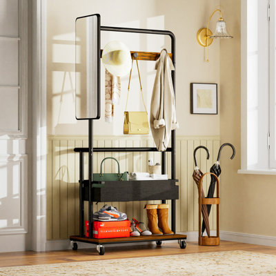 Porte-manteau en métal sur roulettes – 3 en 1 avec panier et miroir, brun rustique, grande capacité, 70 x 40 x 170 cm