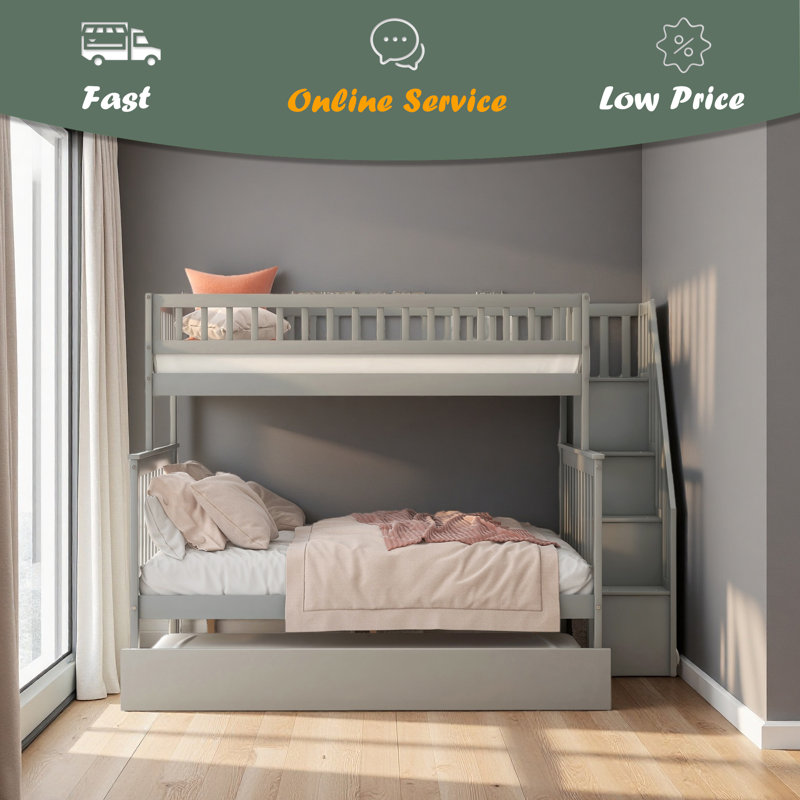 Lit simple superposé au dessus d'un lit double avec gigogne et escalier, Gris