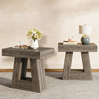 Set Of 2 Modern 24" 2-Tier Side Tables, Narrow Wooden End Tables With Trapezoid Base & Farmhouse Wood-Grain Finish