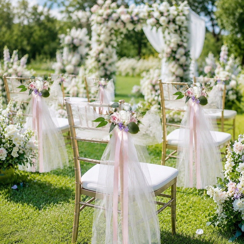 Fleurs de dossier de chaise, ensemble de 2 décorations de chaise de mariage, décoration d'allée pour la cérémonie, réception, extérieur, allée de mariage banc d'égout, fleurs artificielles