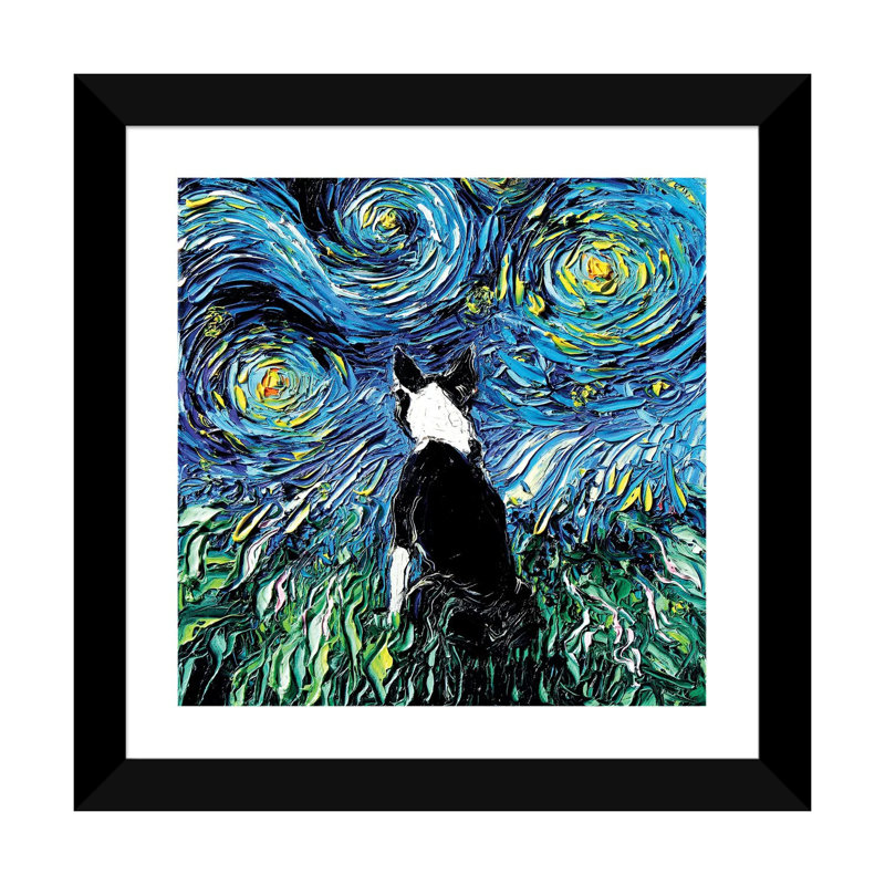 "Boston Terrier Night" par aja Trèves, reproduction d’art, Papier encadré noir, Blanc, H 24 po x l 24 po x p 1 po