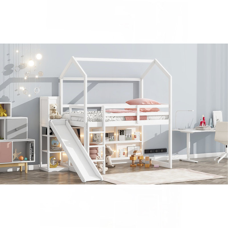 Lit mezzanine simple en bois avec glissade, Blanc