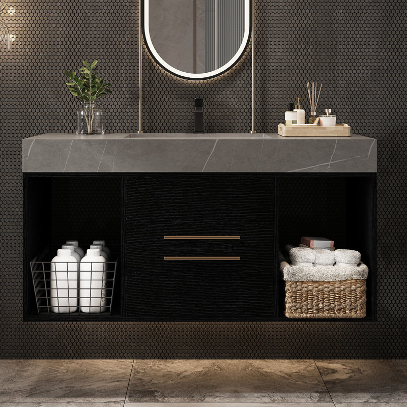 Meuble-lavabo flottant simple moderne 39,4 po, comptoir en faux marbre, lavabo à débordement en céramique 15,6 po, 2 tiroirs et tablettes ouvertes dans une armoire en bois massif texturé noir, ensemble de drain inclus,