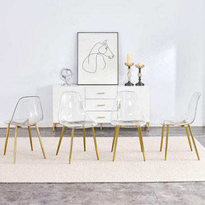 Modern Simple Transparent Dining Chair Plastic Chair Armless Crystal Chair Nordic Creative Makeup Stool Negotiation Chair Set Of 4 And Plating Metal Leg Of Golden