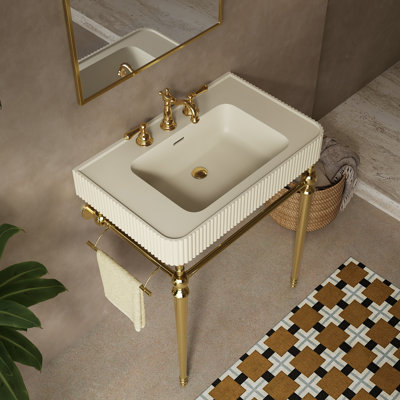 30" Bathroom Console Vanity, Cream Beige Solid Surface Integrated Sink with 3 Pre-drilled Faucet Holes, Freestanding Stainless Steel Support Legs & Towel Bar, No Faucet & Sink Drain, Gold Color