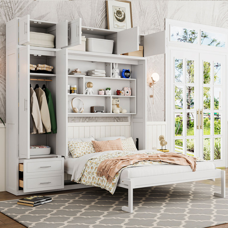 Grand lit escamotable avec garde-robe et armoire, Blanc