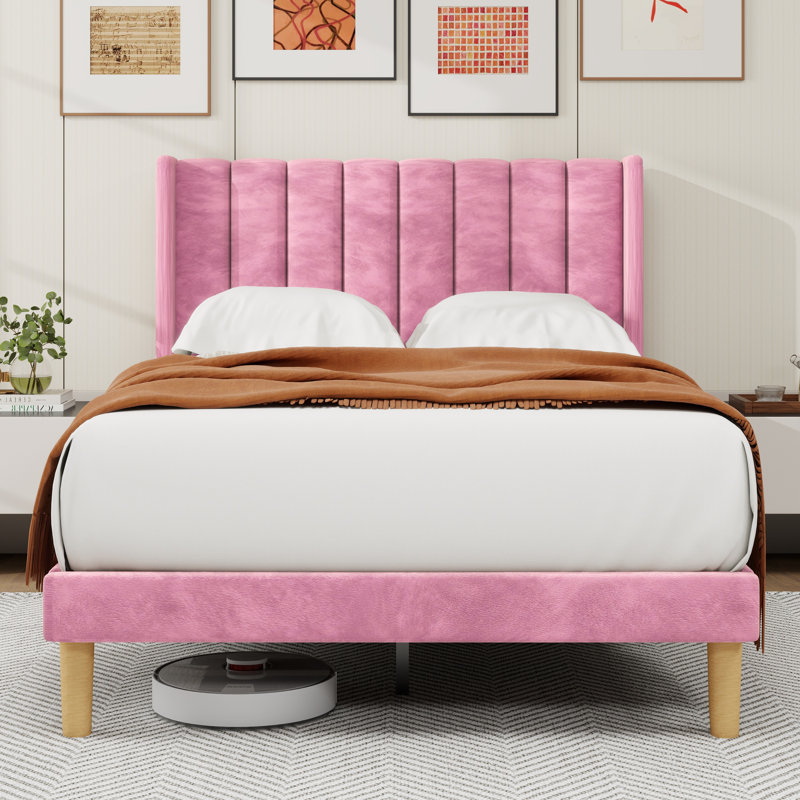 Lit plateforme tapissier à profil bas Sutter, Double, Rose