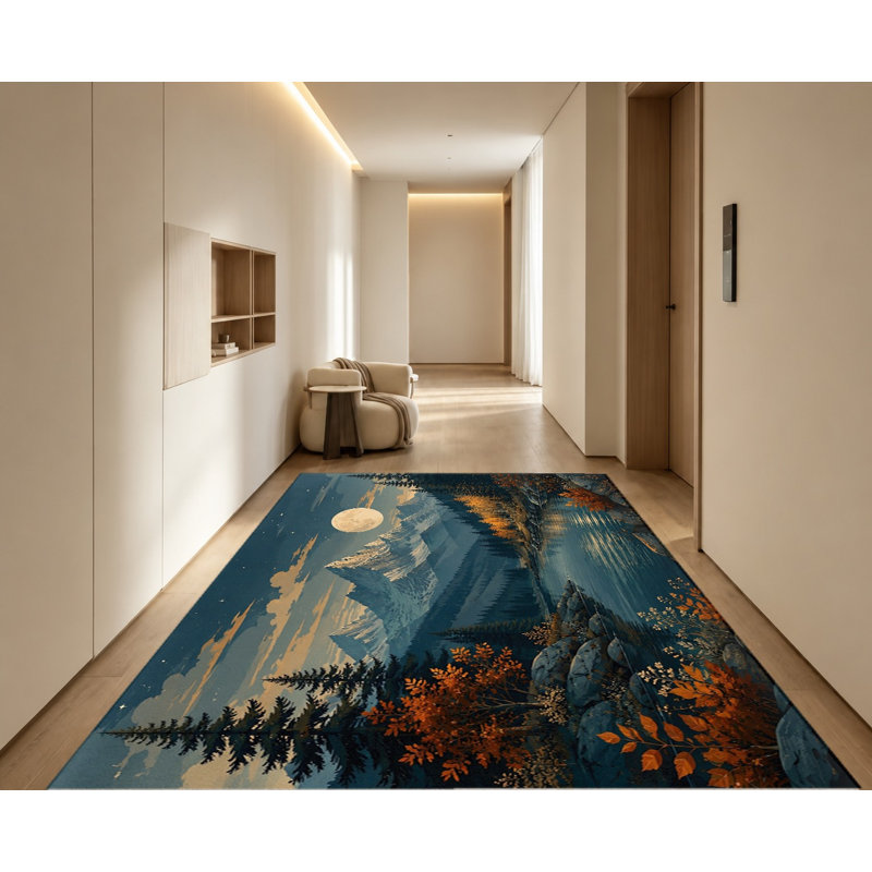 Tapis de paysage de rivière Moonlit Mountain, Rectangle 6 pi 7 po x 4 pi 7 po (200 x 140 cm)