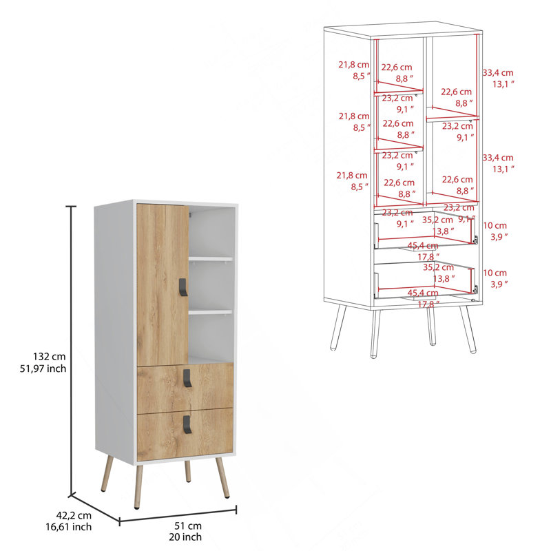 Commode haute Huna, unité avec porte, 2 tiroirs et tablettes ouvertes