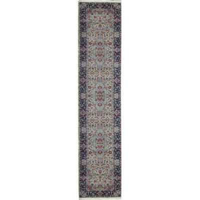 Tapis oriental ivoire / bleu marine / vert en laine noué à la main Oriental