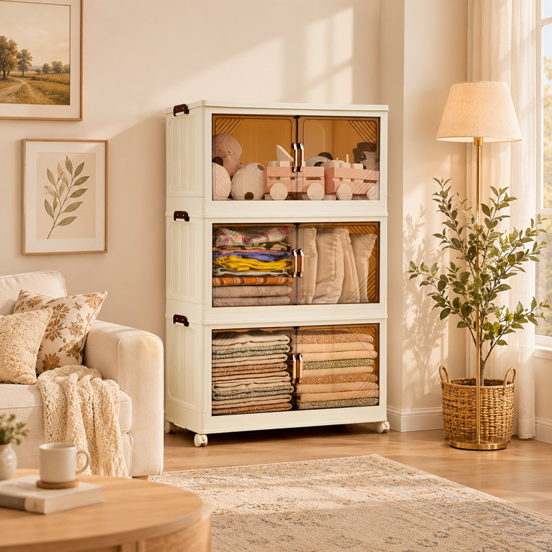 Boîte de rangement pliante avec portes et roulettes pour l'organisation d'un bureau de chambre à coucher