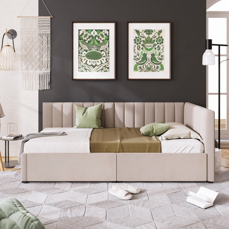 Lit de jour rembourré avec 2 tiroirs de rangement Robrick, Beige, Lit simple