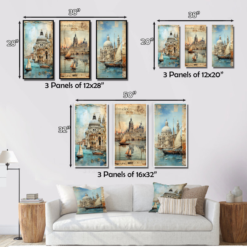 «Venice Distant Memories Journal Collage», 3 pièces sur toile, H 40 po x l 60 po, Toile tendue