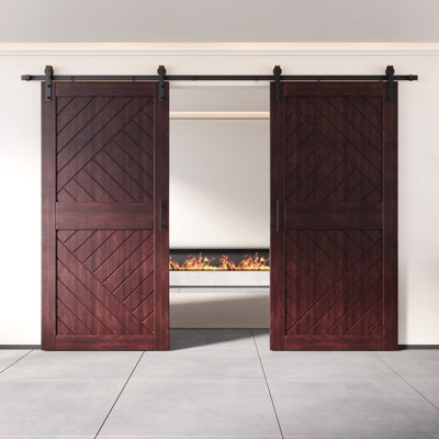 Homacer Red Mahogany Double 42in x 84in Unassembled & Finished Geometric Design Barn Doors with Non-Bypass Installation Hardware Kit, 15ft track, interior use only