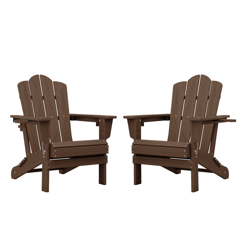 Chaise Adirondack pliante Ayanda en PEHD avec porte-gobelet double (ensemble de 2), Brun