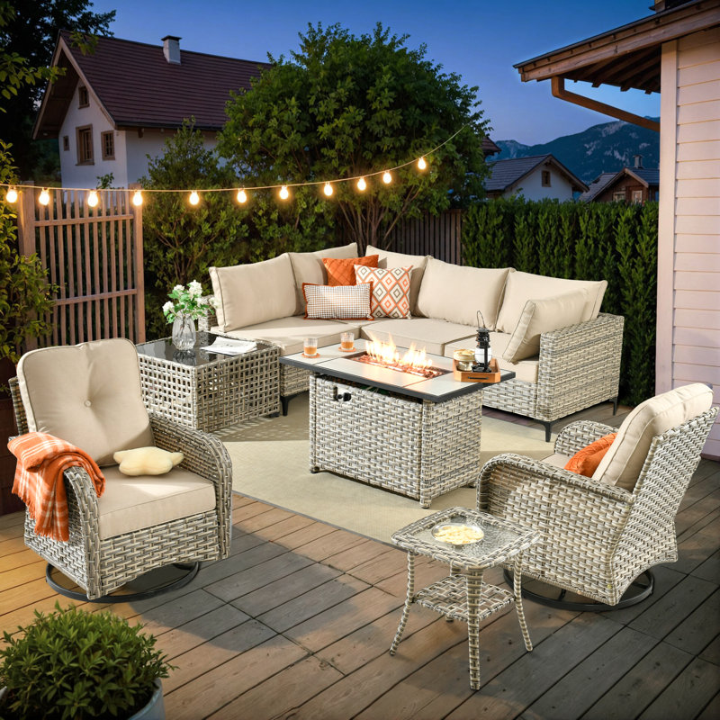 Emroy 6 - Person Outdoor Wicker Sectional Seating with Swivel Chairs, Modern Modular Rattan Conversation Set with Cushions