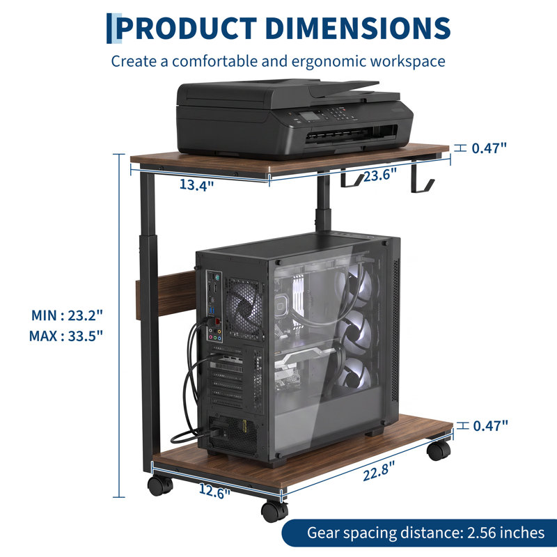 Support pour unité centrale réglable en hauteur sur 5 niveaux en bois de pêcher, support à roulettes pour tour d'ordinateur avec roulettes verrouillables et panneau ventilé – Chariot mobile pour PC sous bureau avec gestion des câbles pour le jeu et le télétravail