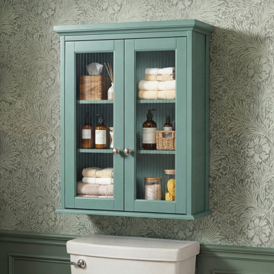 Fluted Glass Wall Cabinet With Decorative Top And Soft-Close Hinges (Halcyon Green)