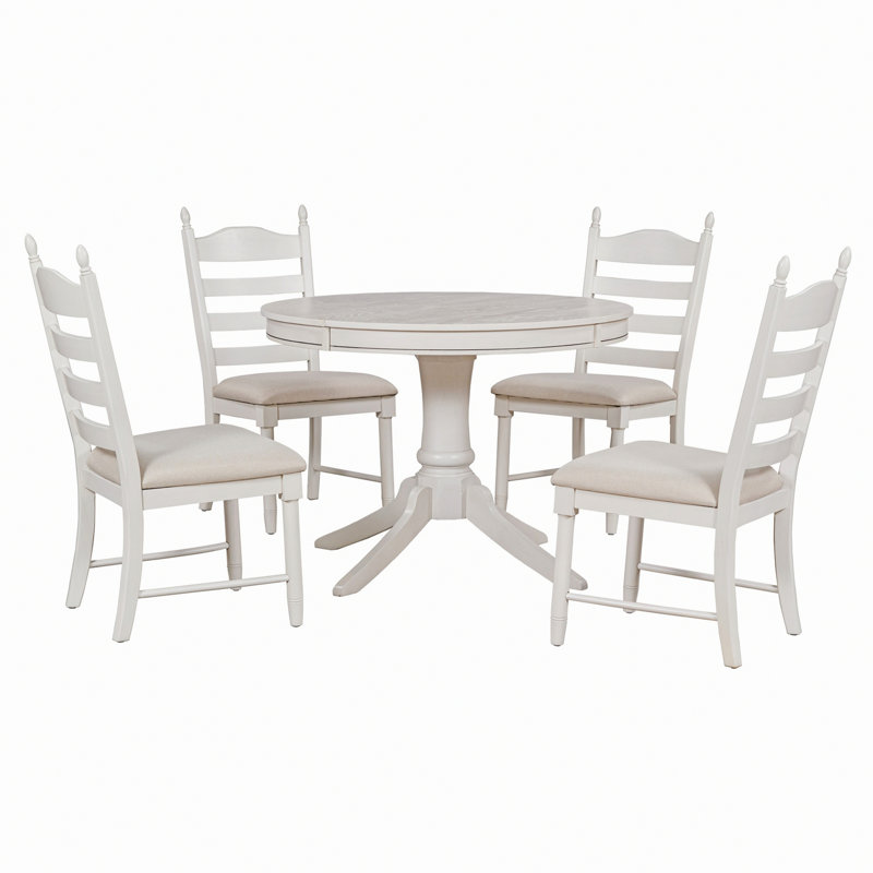 5-Piece Dining Table Set, Round Extendable Dining Table And 4 Upholstered Dining Chairs, Antique White
