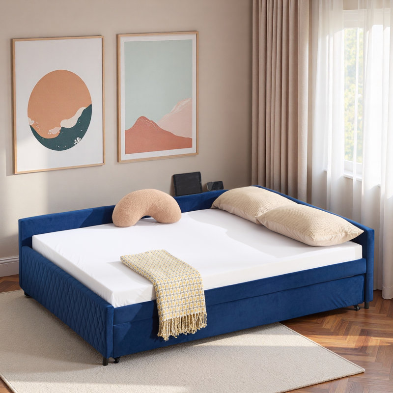 Upholstered Daybed With Trundle And Usb, Navy