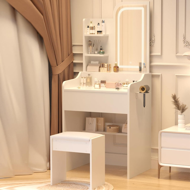 Coiffeuse de maquillage moyenne blanche avec miroir et tiroir à DEL