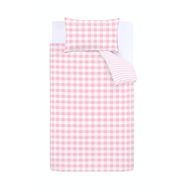 Check and Stripe Reversible 100% Cotton Duvet Cover Set with Pillowcases, Double - 2 Standard Pillowcases, Pink