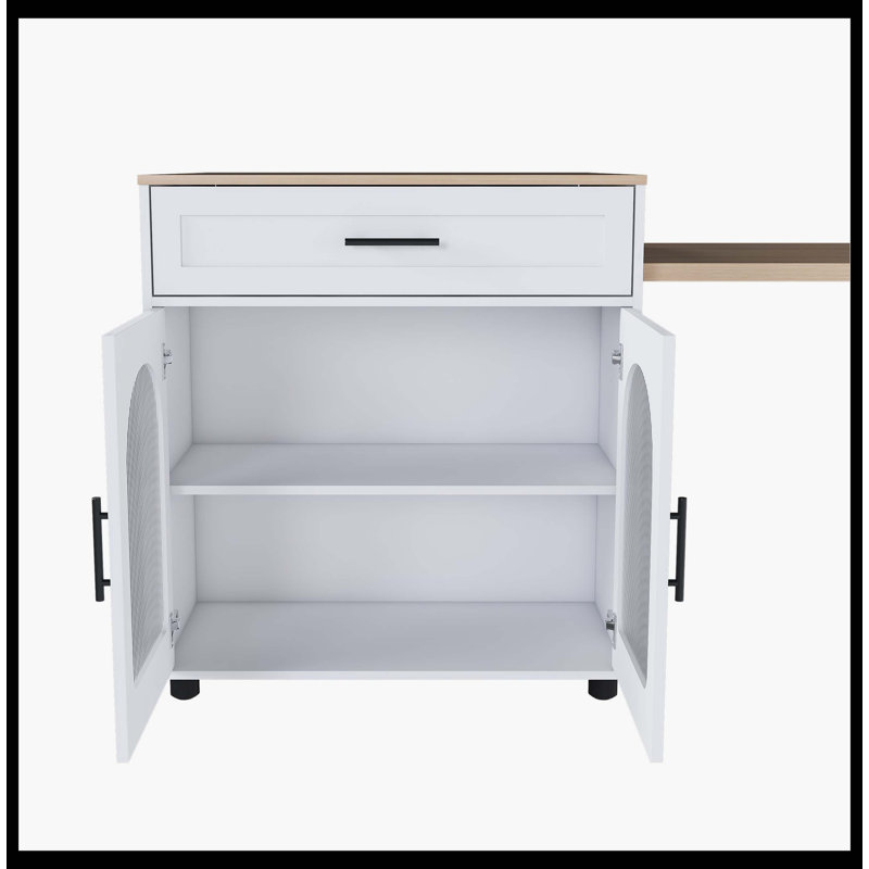 80" Expandable Kitchen Island With Dining Table, Solid Wood Grain Countertop & Power Outlet, Mobile Storage Cart With Cabinet & 2 Drawers, White