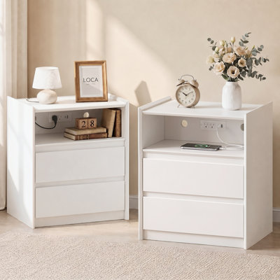 Modern 20" Nightstand with Charging Station, 2 Drawers and Open Shelf Set of 2