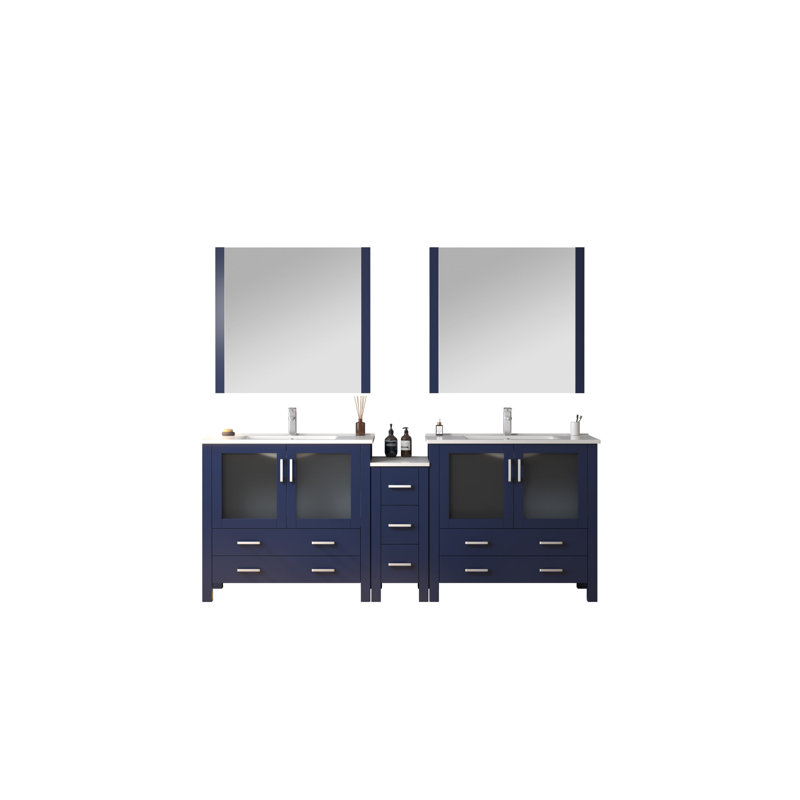 Meuble-lavabo double l 84 po x P 18,25 po avec armoire latérale, dessus en céramique blanche et miroirs 34 po Volez, Marine
