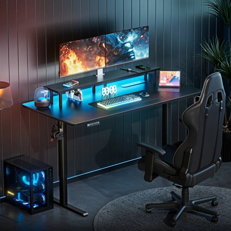LED Electric Standing Sitting Desk 47", Height adjustable Gaming Desk with Built-In Socket & USB Port, Computer Table with Monitor Stand, 3 Memory Functions, Gaming Table Black