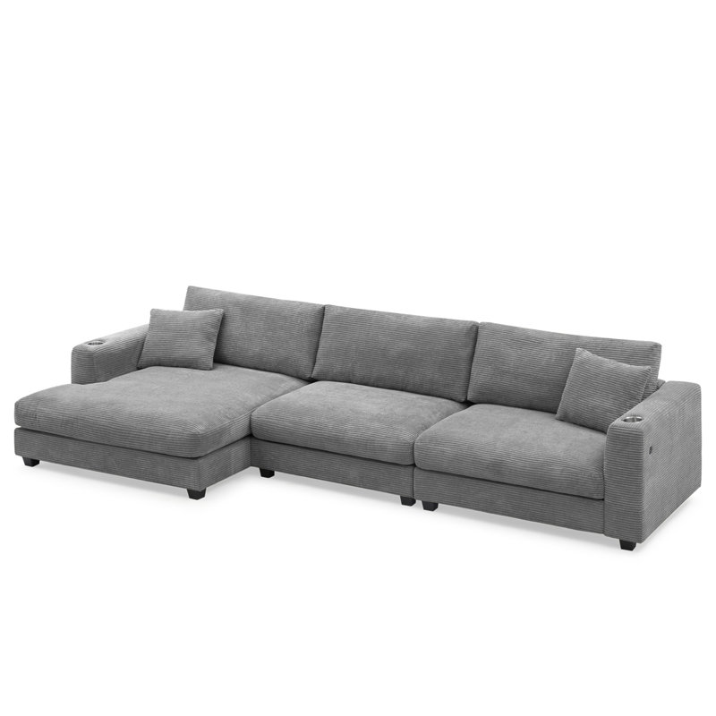 134*54"Oversized Corduroy Sectional Sofa,L Shaped Cloud Couch With USB Charging Port,Cup Holder,Deep Seat Sofa Bed With 50" Chaise,Comfy Indoor Furniture For Living Room,3 Colors
