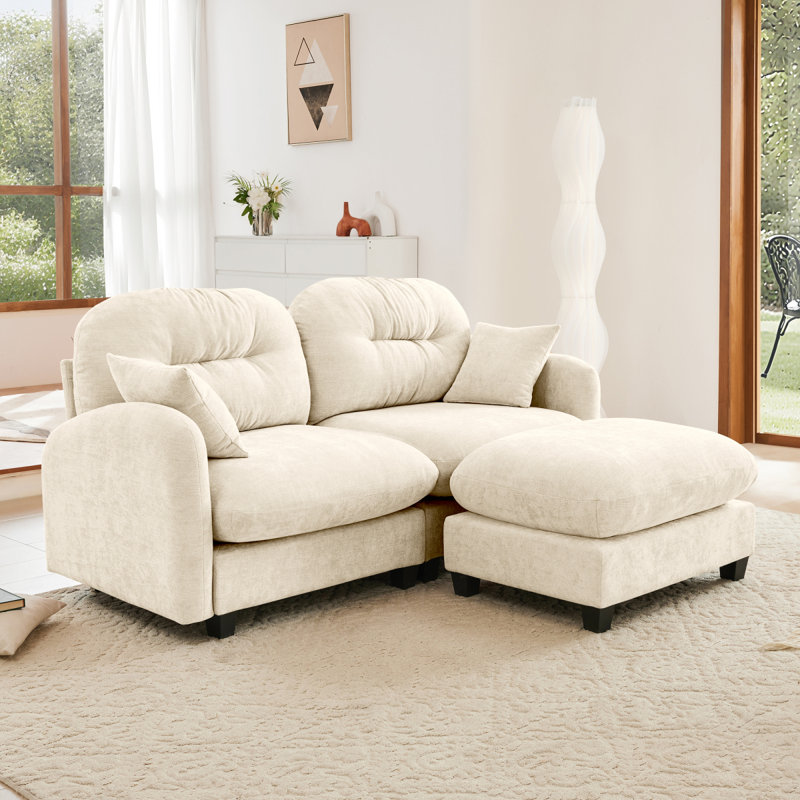 Canapé modulaire Elmsforde avec tissu chenille et dossier capitonné, Chenille beige, H 36,6 po x l 74 po x P 59,4 po