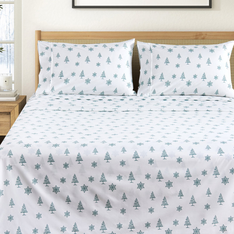 Soft Printed Microfiber Sheet Set, King Sheet Set with 2 Pillowcases, Snow and Pines