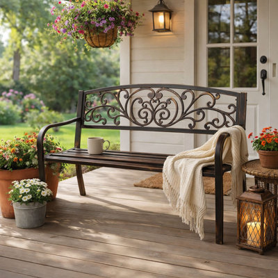Banc de jardin extérieur avec dossier à motif floral et siège à lattes pour pelouse, parc, terrasse
