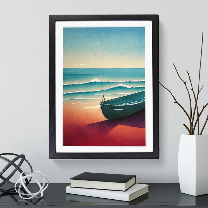 Boat On A Sandy Beach - Print, White, Black Framed, 66cm H x 48cm W x 2cm D
