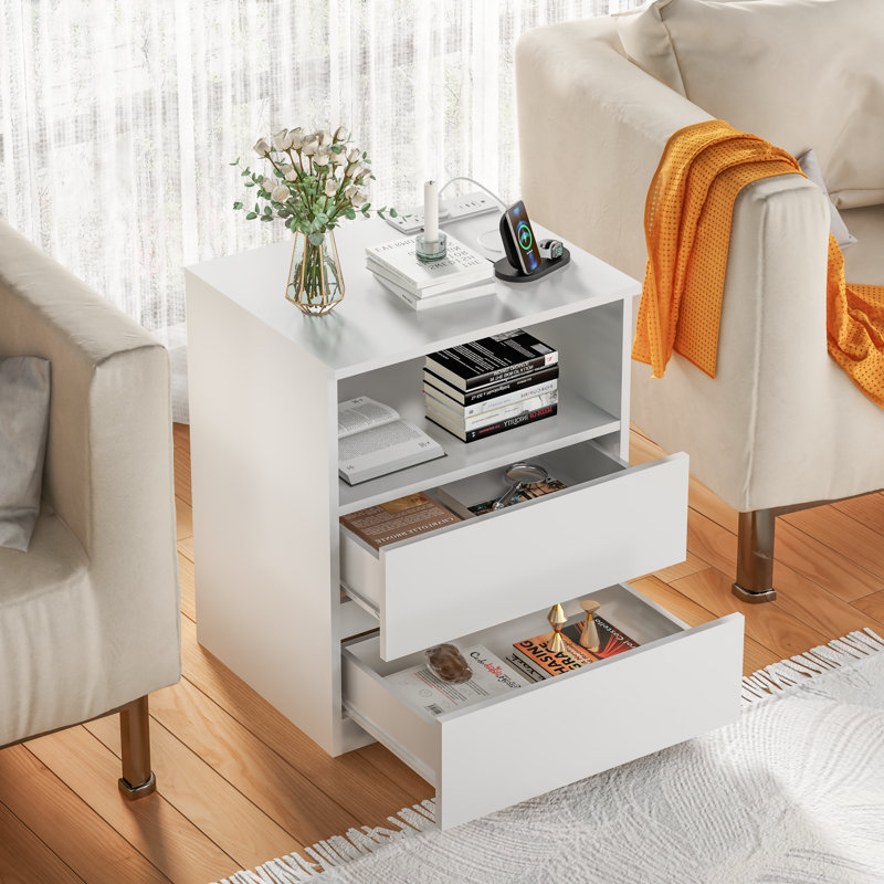 (Ensemble de 2) Table de chevet moderne avec station de charge USB C rapide, 2 tiroirs et tablette ouverte