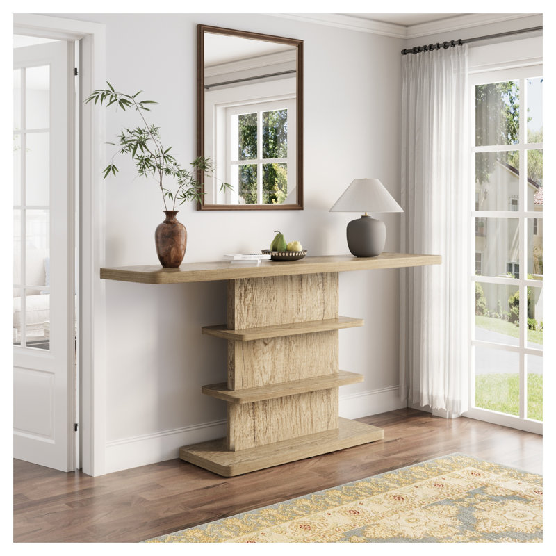 Console 63 pouces vintage avec rangement à 2 niveaux, banc d'entrée en bois naturel