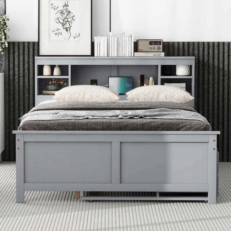 Lit plateforme double avec ports, rangement pour tête de lit, lit gigogne simple et 3 tiroirs en lit gigogne gris, pour une nuit de détente
