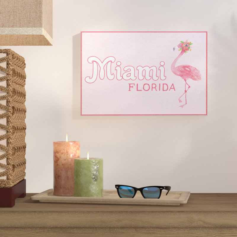 Impression d’art textuel, "miami florida flamant rose" par daphne polselli, H 16 po x l 20 po, Toile tendue