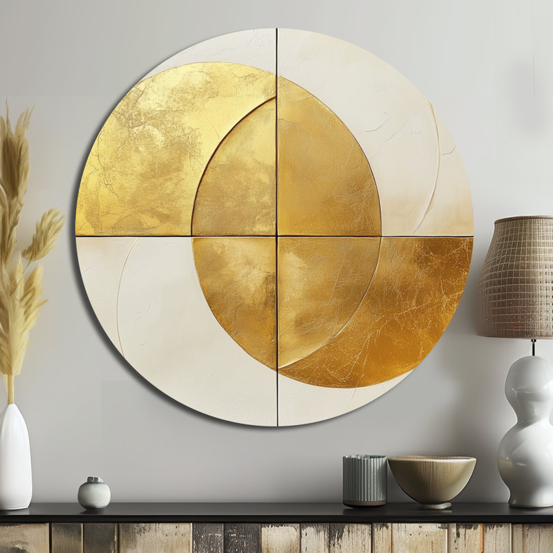 «Golden Intersection», art mural rond moderne et transitionnel abstrait en métal, L 29 po x H 29 po