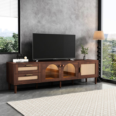 Meuble audio-vidéo avec téléviseur de 80 po, 3 armoires et 2 tiroirs, plateau de table lisse pour le salon, la chambre à coucher, un meuble de cinéma maison, un espace de rangement dissimulé, des planches et des pieds en bois massif