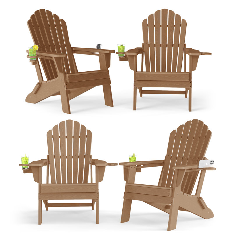 4-Person Folding Adirondack Chair Set – Hdpe All-Weather Outdoor Patio Seating With Dual Cup Holders, Teak
