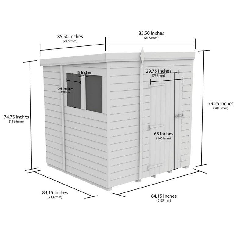  Pent Shed - Single Door with Windows, 7ft W x 7ft D